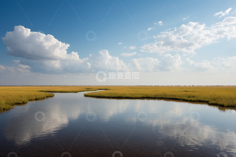 高清大图下载【趣麦麦图】开阔水域与草地的自然景观