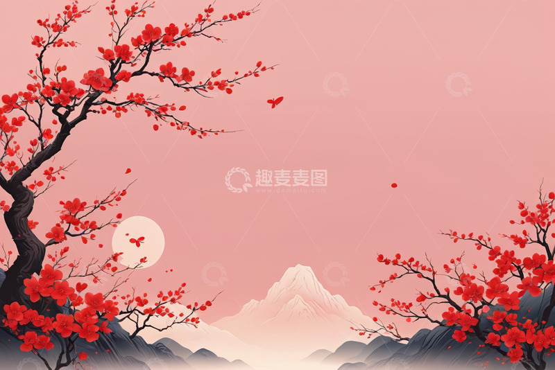 高清大图下载【趣麦麦图】中式风格红梅山川背景图