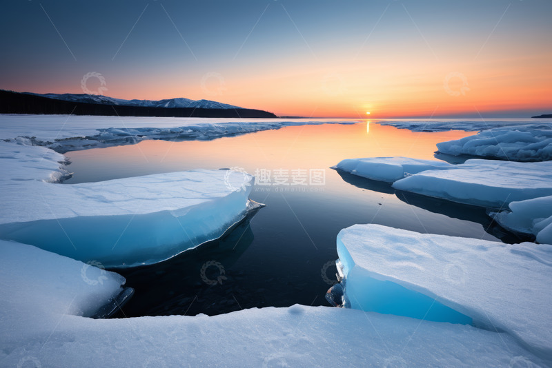 高清大图下载【趣麦麦图】冰面夕阳自然风光