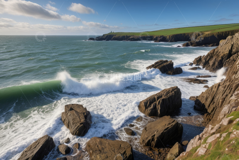 高清大图下载【趣麦麦图】海岸边海浪拍打礁石景观
