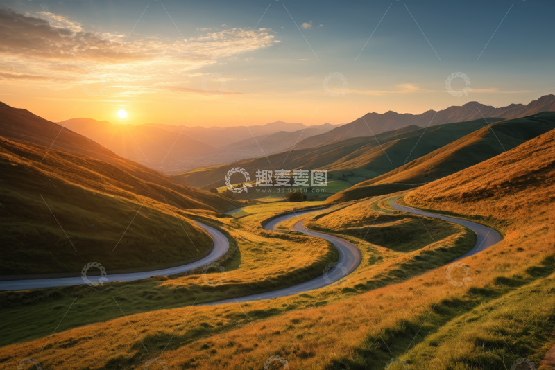 高清大图下载【趣麦麦图】山间蜿蜒道路日落自然风光