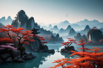 中式山水景观含亭台与红叶