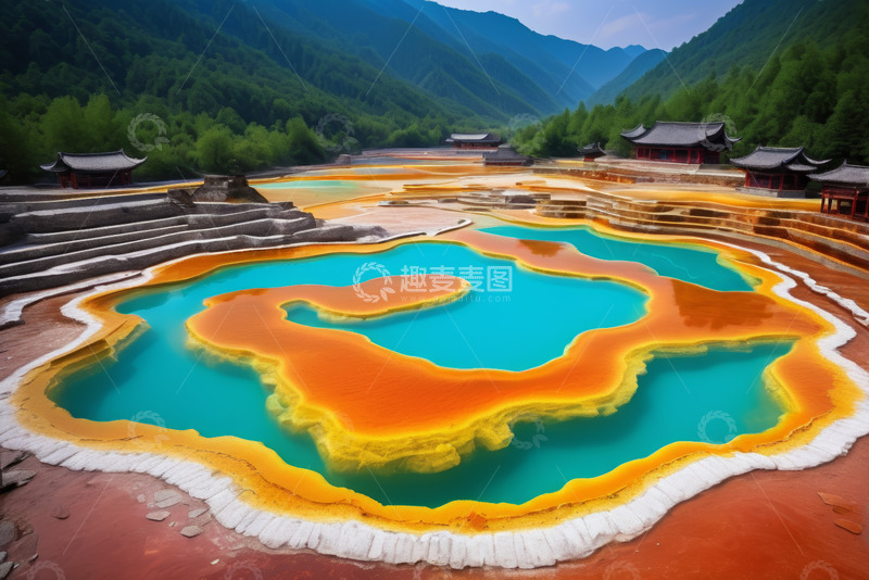 高清大图下载【趣麦麦图】中国山水间五彩池与古建筑景观