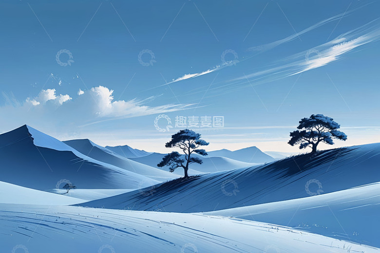 雪中山景与孤树风光
