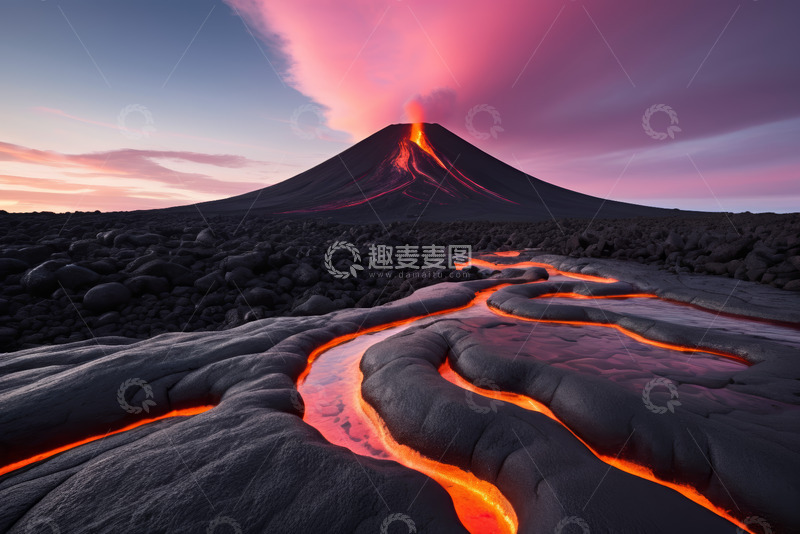 高清大图下载【趣麦麦图】黄昏时分火山熔岩流淌景象