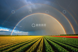 田野上空的双彩虹景观