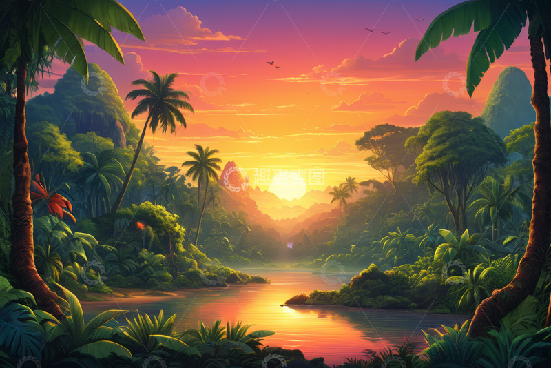 高清大图下载【趣麦麦图】热带丛林夕阳下的自然风光