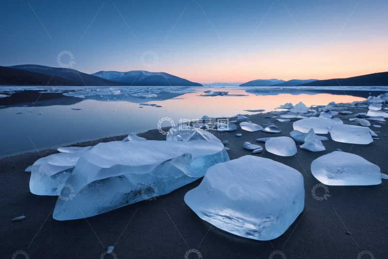 高清大图下载【趣麦麦图】湖边散落的冰块与远山风景