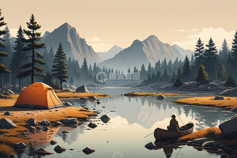 高清大图下载【趣麦麦图】湖畔露营者划船垂钓场景