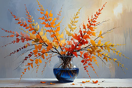 蓝色花瓶中的秋季枝叶