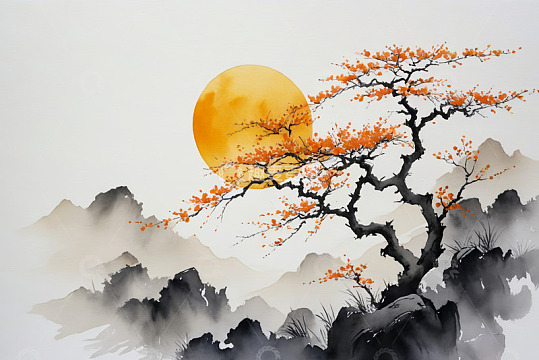 水墨山水间的圆月与红树