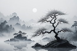 中式山水月夜孤树景观