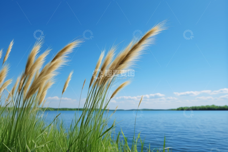 高清大图下载【趣麦麦图】湖边随风摇曳的草与蓝天