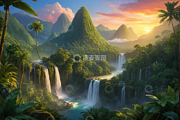 热带山谷瀑布与茂密丛林景观