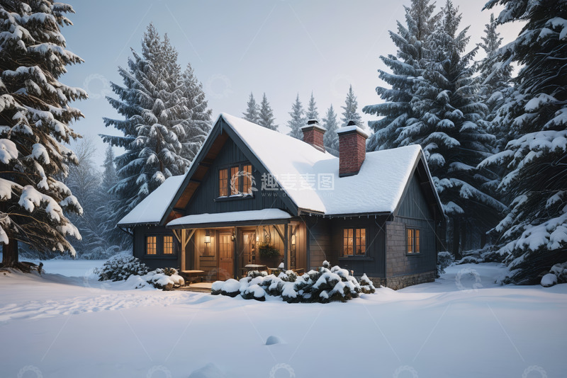 高清大图下载【趣麦麦图】雪林中的温馨小屋