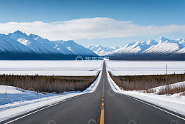 雪山下的笔直公路景观