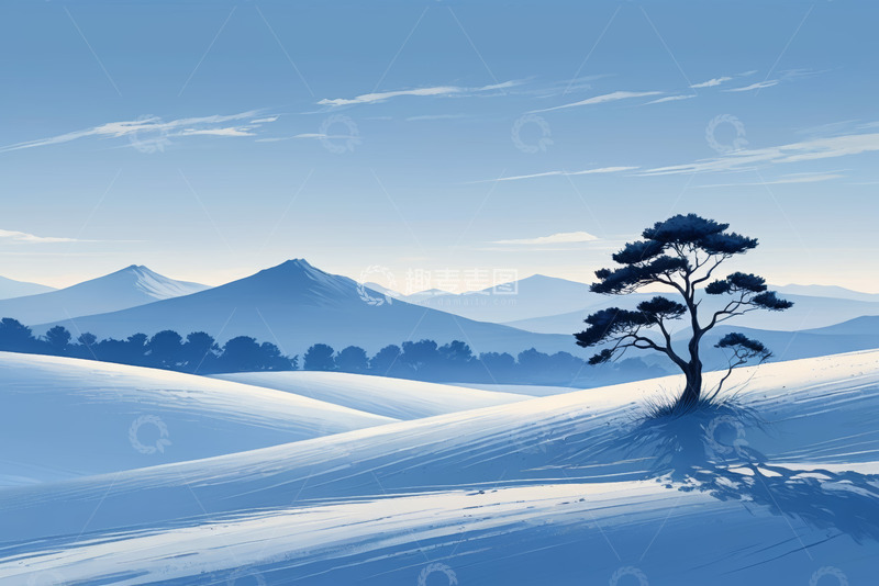 高清大图下载【趣麦麦图】雪中山景与孤树风景