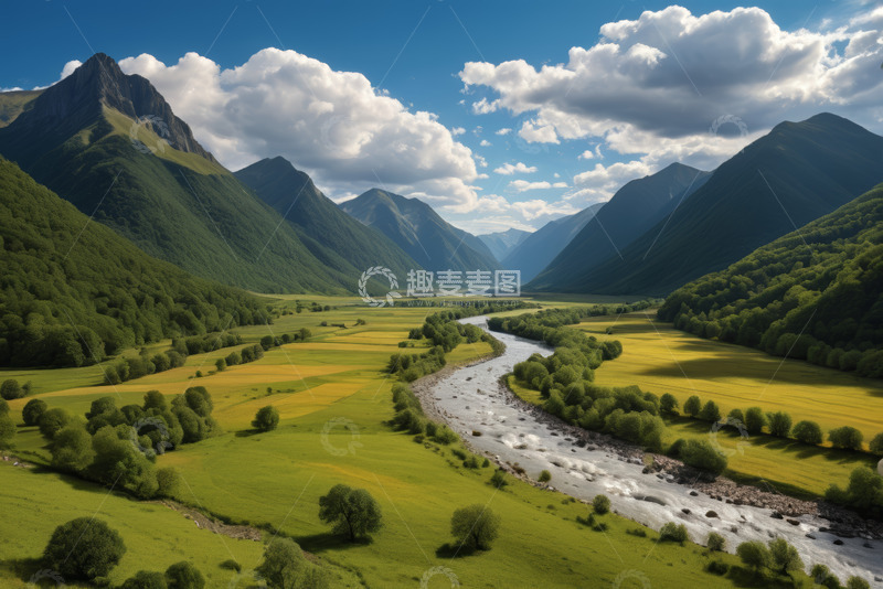高清大图下载【趣麦麦图】山谷间河流与青山风景