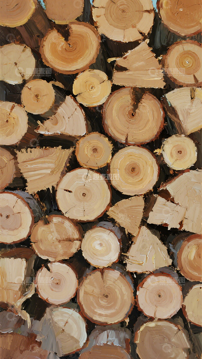 高清大图下载【趣麦麦图】油画风格木材堆叠艺术画作