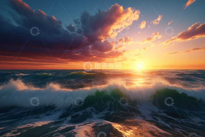 高清大图下载【趣麦麦图】海上日落海浪景观