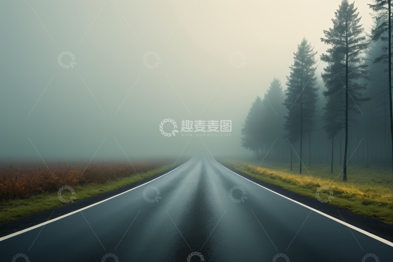高清大图下载【趣麦麦图】雾中森林旁的道路景象