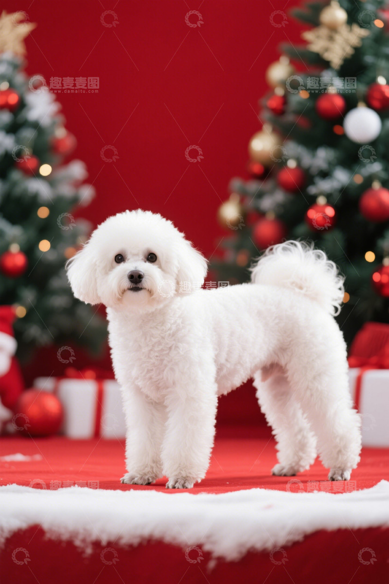 高清大图下载【趣麦麦图】圣诞节场景中的白色小狗