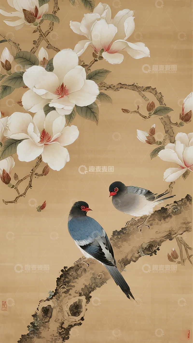 高清大图下载【趣麦麦图】工笔花鸟图白玉兰花枝