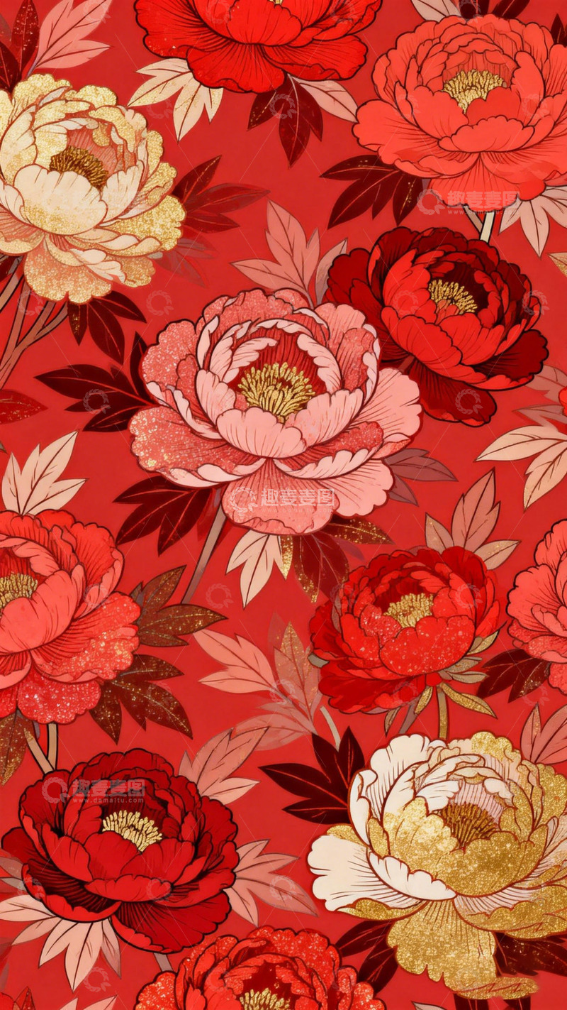 高清大图下载【趣麦麦图】红色花卉图案壁纸设计素材
