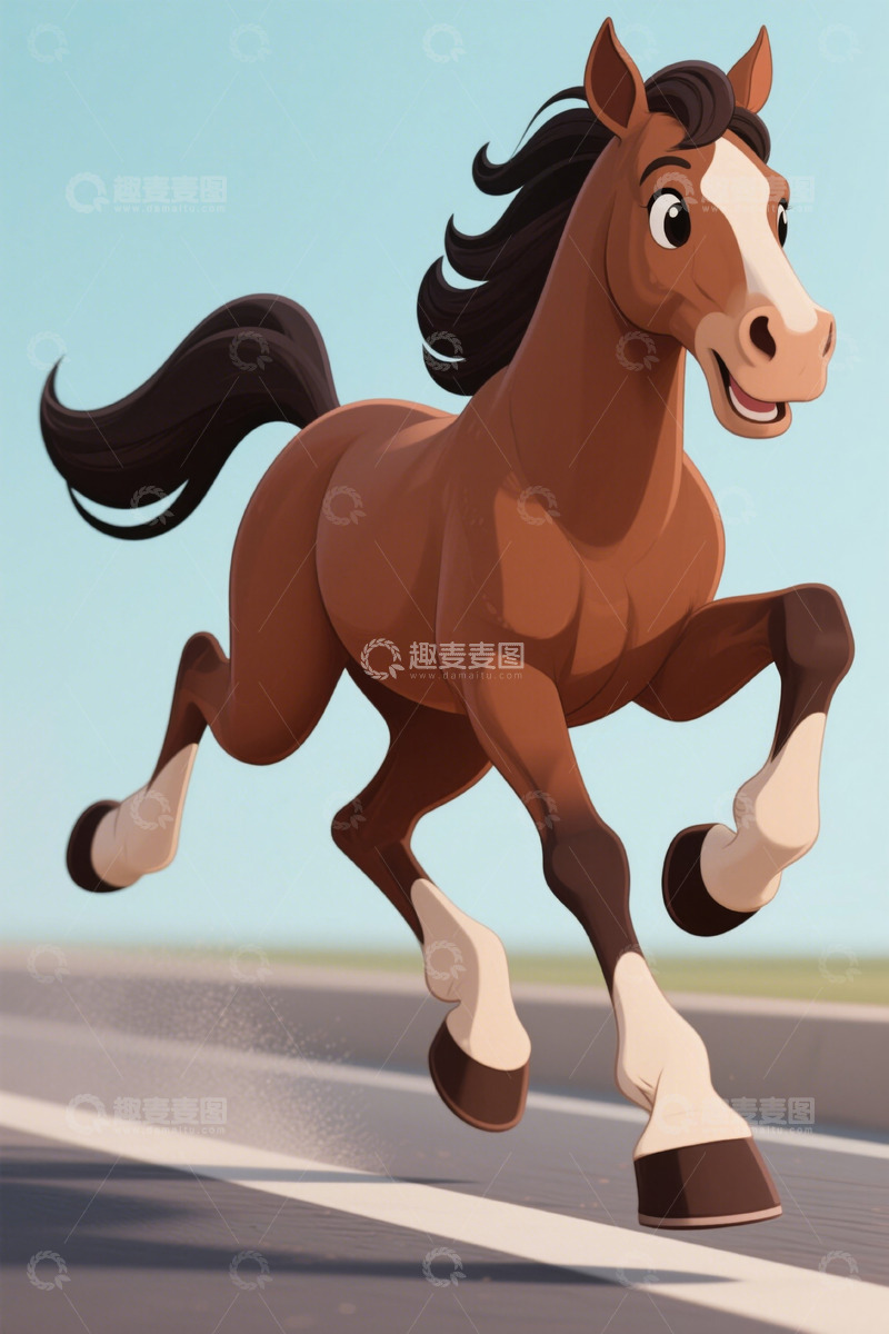 高清大图下载【趣麦麦图】奔跑的卡通马公路场景