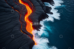 火山熔岩流入海洋景观
