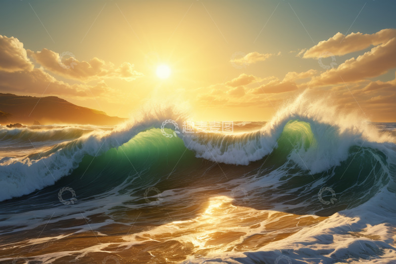 高清大图下载【趣麦麦图】海上夕阳下的翻涌波浪