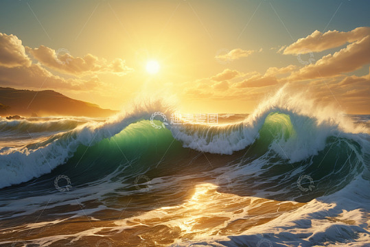 海上夕阳下的翻涌波浪