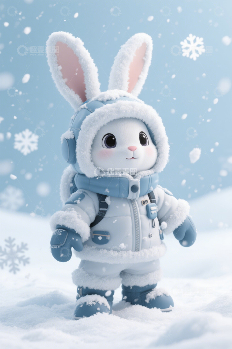 高清大图下载【趣麦麦图】雪地中穿冬装的卡通兔子形象
