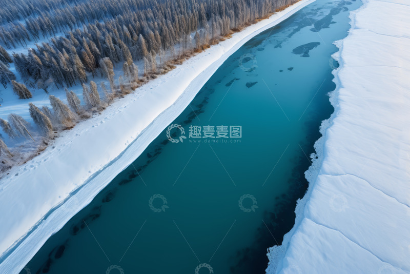 高清大图下载【趣麦麦图】冬季河流森林航拍全景