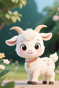可爱卡通小羊站在花草间