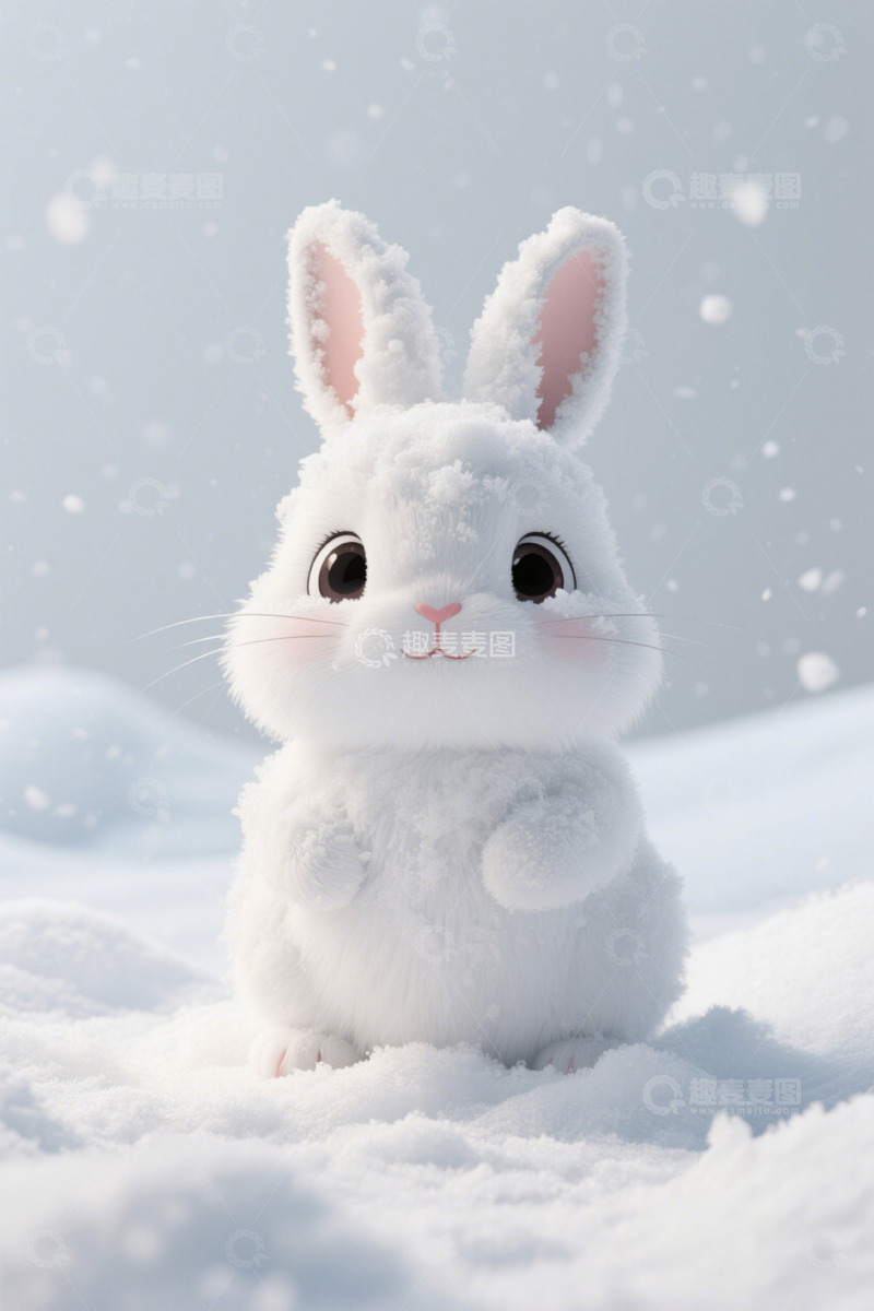 高清大图下载【趣麦麦图】雪地中的可爱白色兔子