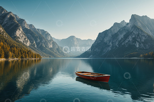 湖上小船与远山风景