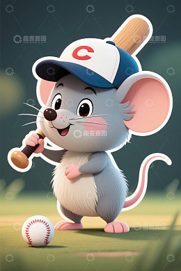 卡通老鼠持棒球棍准备击球