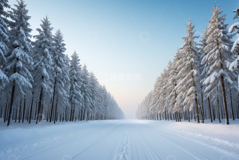 高清大图下载【趣麦麦图】冬日雪覆森林中的道路