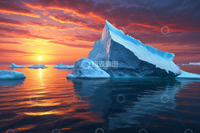高清大图下载【趣麦麦图】海洋上的落日与冰山景观