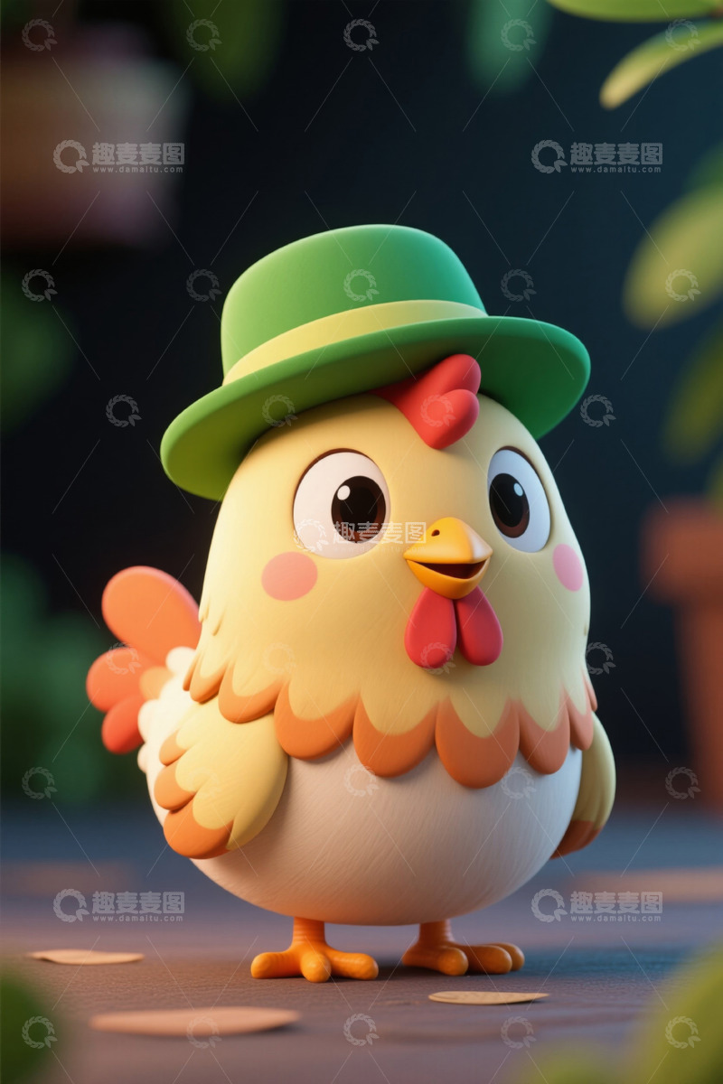 高清大图下载【趣麦麦图】戴绿帽的卡通小鸡形象