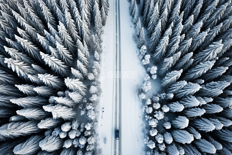 高清大图下载【趣麦麦图】航拍冬季雪覆森林中的公路