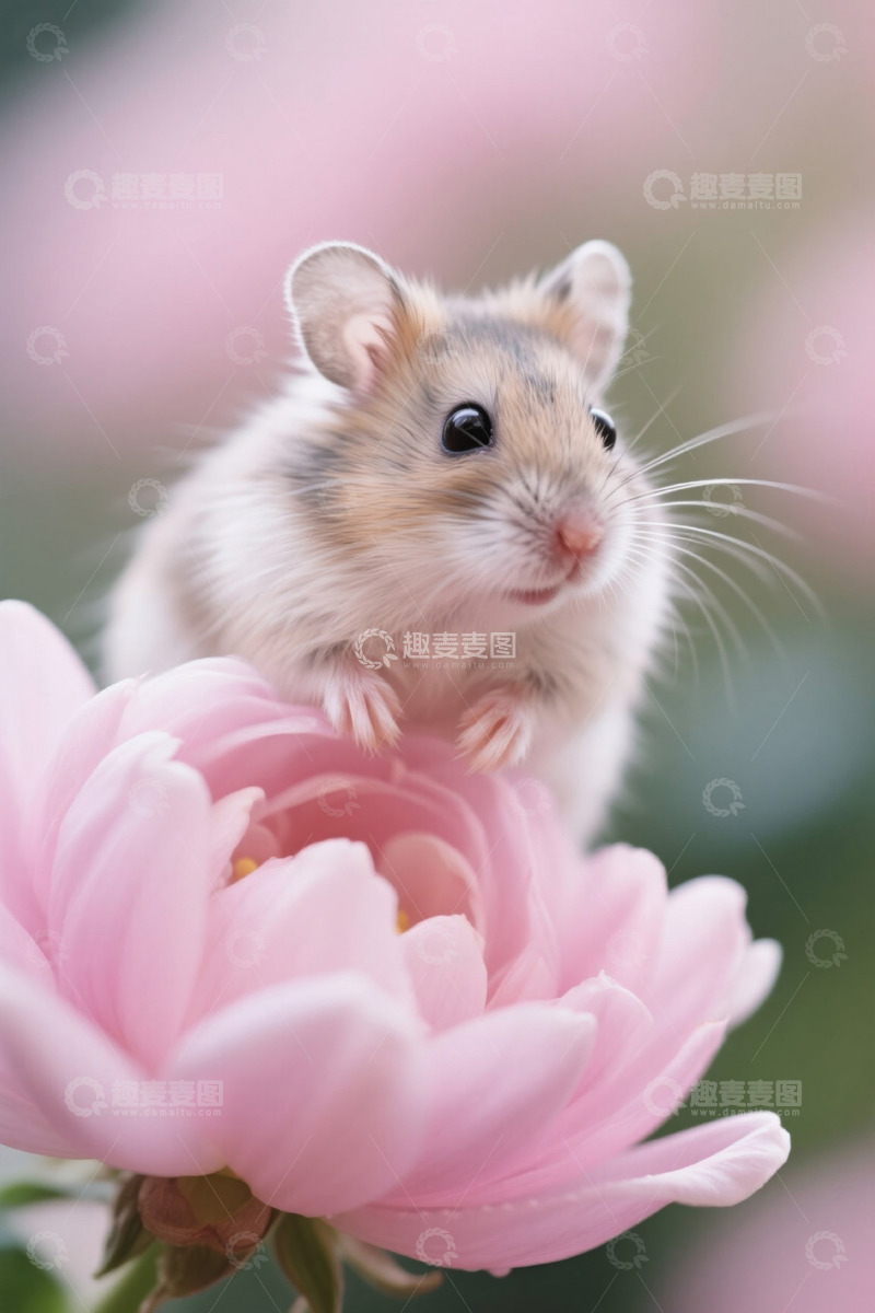 高清大图下载【趣麦麦图】仓鼠趴在粉色花朵上