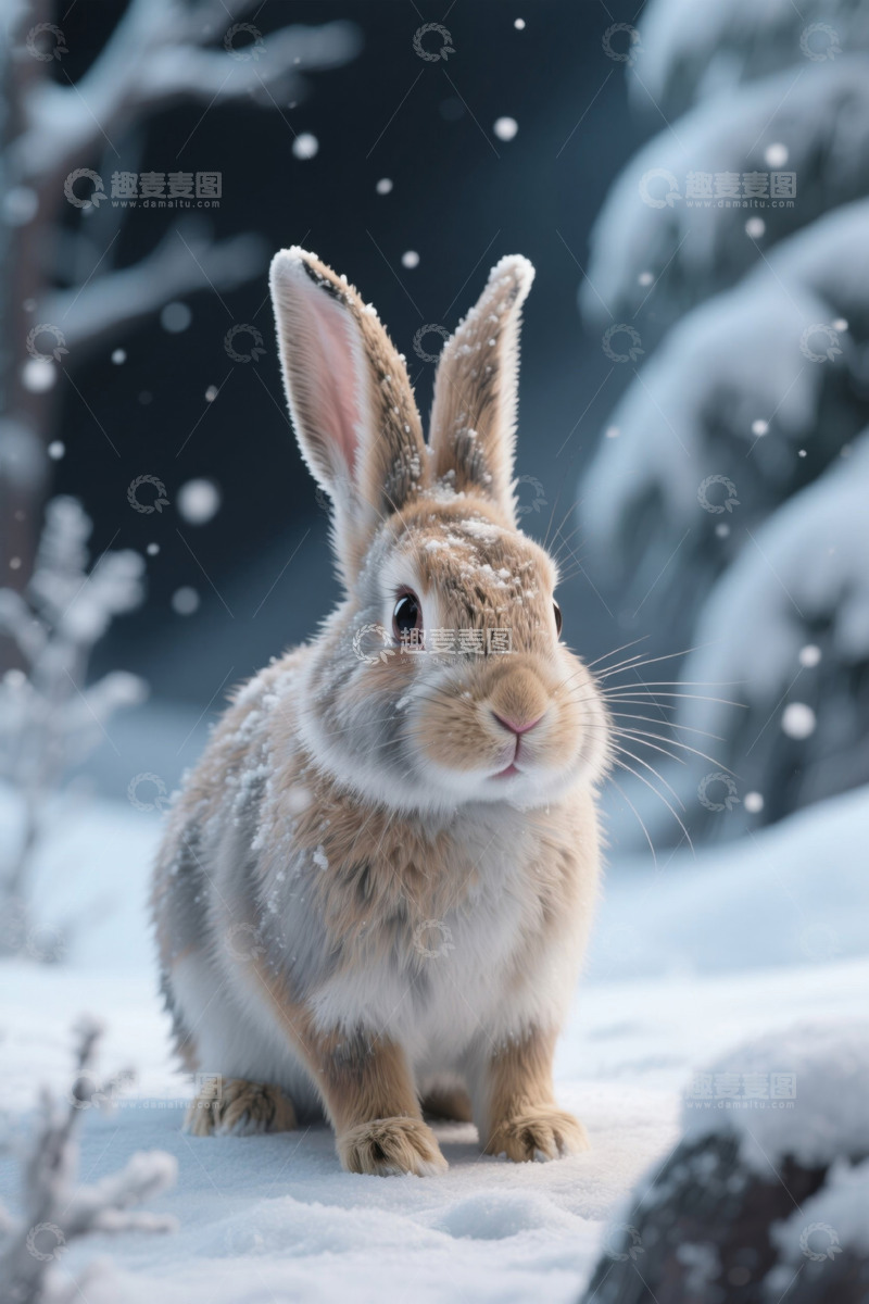 高清大图下载【趣麦麦图】雪地中的兔子特写