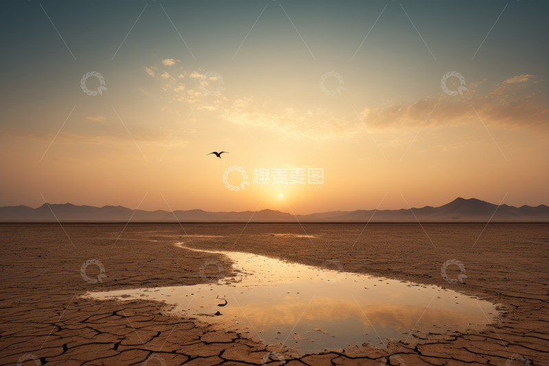 高清大图下载【趣麦麦图】沙漠夕阳下的水洼与飞鸟