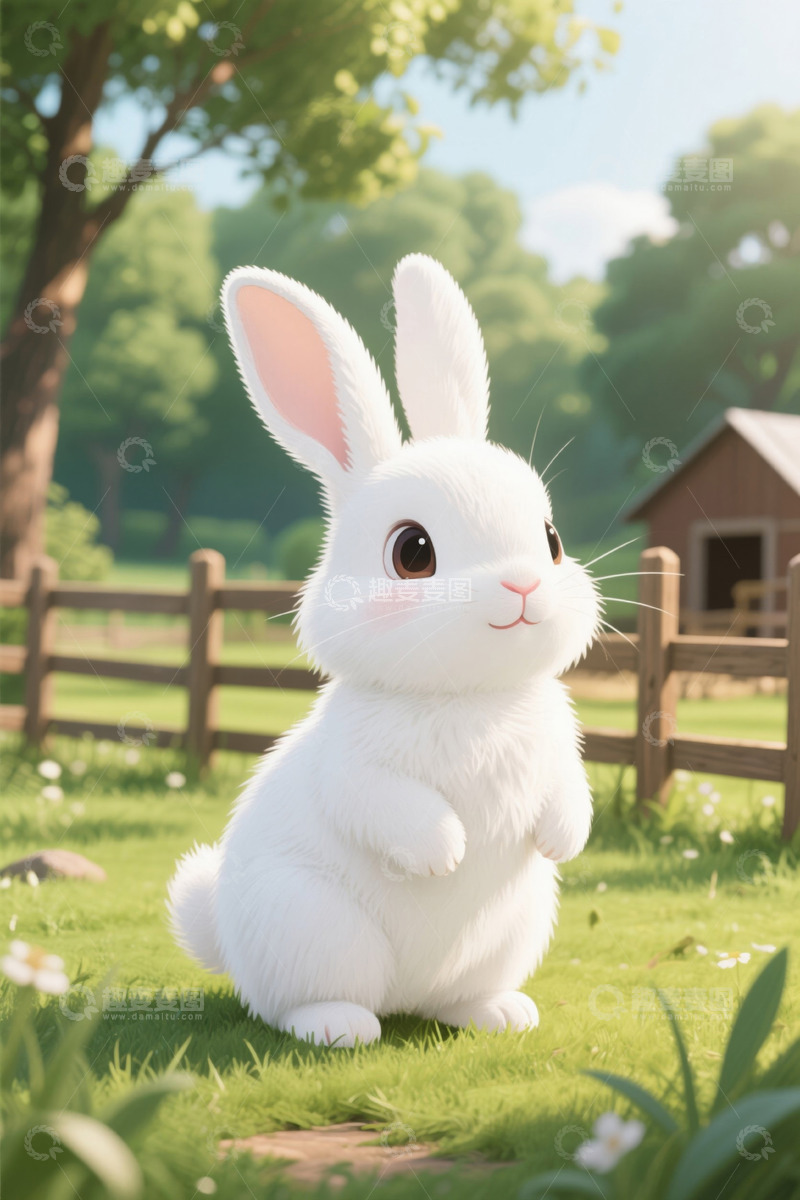 高清大图下载【趣麦麦图】草地上站立的白色卡通兔子