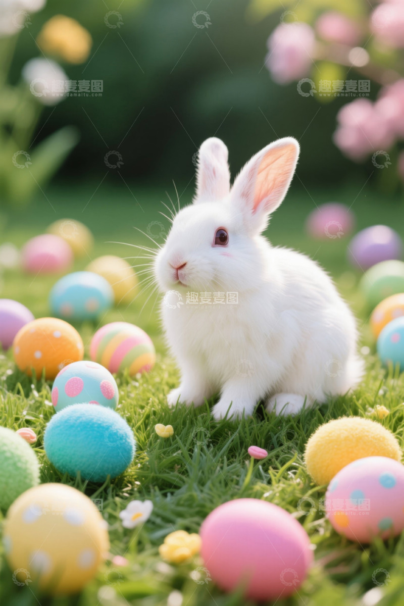 高清大图下载【趣麦麦图】复活节白兔与彩色彩蛋场景