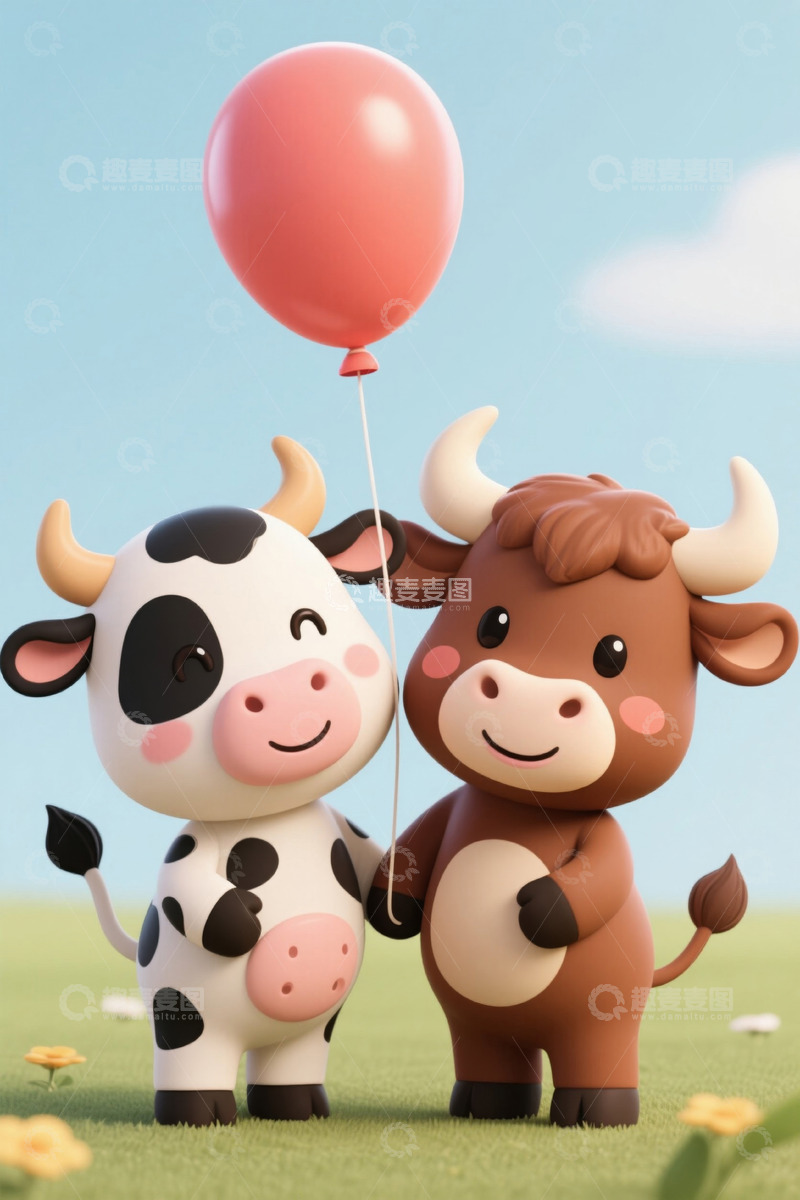 高清大图下载【趣麦麦图】卡通奶牛手持气球站在草地