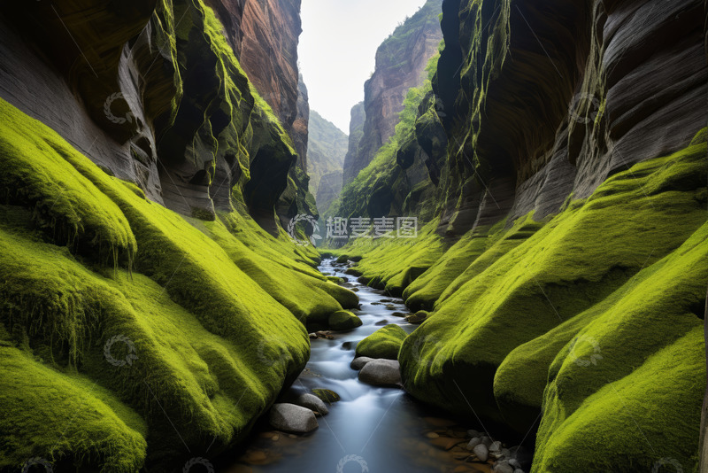 高清大图下载【趣麦麦图】山间峡谷溪流与苔藓岩石景观