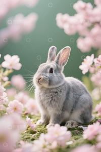 花丛中的灰色兔子